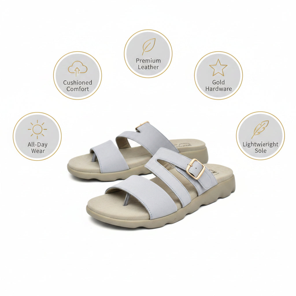 Daflexi Women’s Double Strap Comfort Slipper| Cushioned Slip-On Slides with Adjustable Buckle | 9104