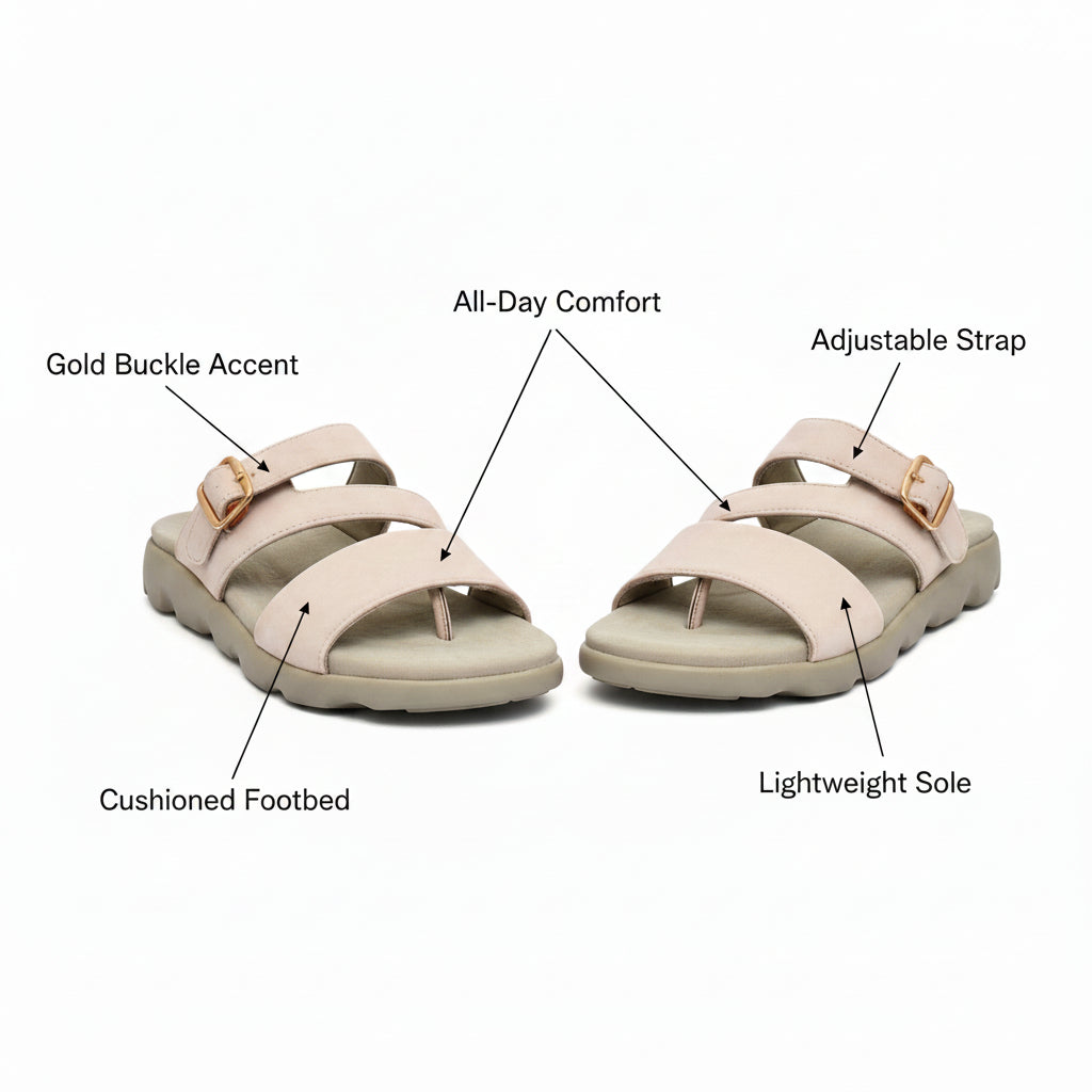 Daflexi Women’s Double Strap Comfort Slipper| Cushioned Slip-On Slides with Adjustable Buckle | 9104